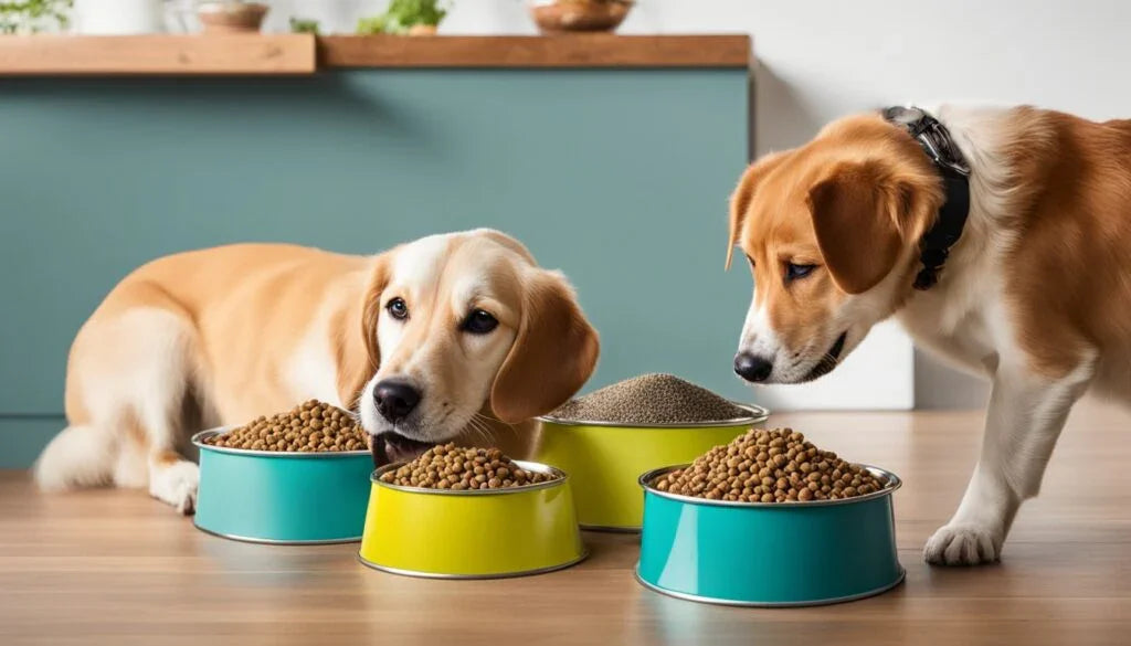 Two dogs near colorful bowls filled with dry dog food on a wooden floor in a kitchen