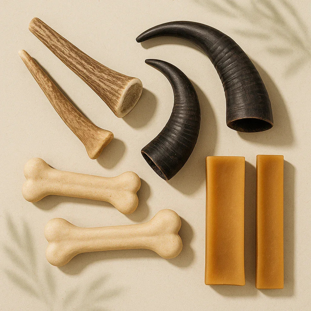 Natural dog chews including antlers, horn-shaped chews, bone-shaped treats, and rectangular chews on a beige background