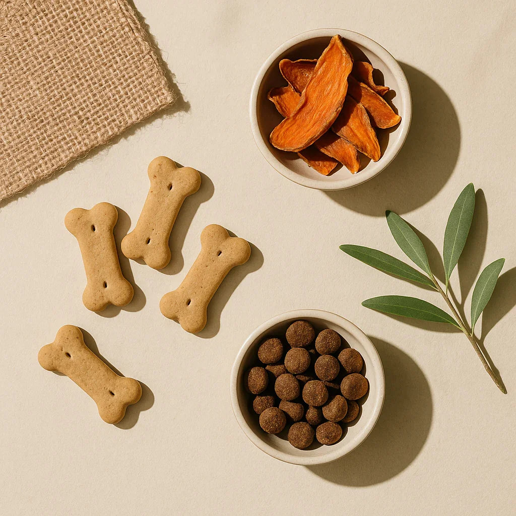 Eco-friendly dog snacks including bone-shaped biscuits, round kibble, and dried sweet potato slices with green leaves on beige background