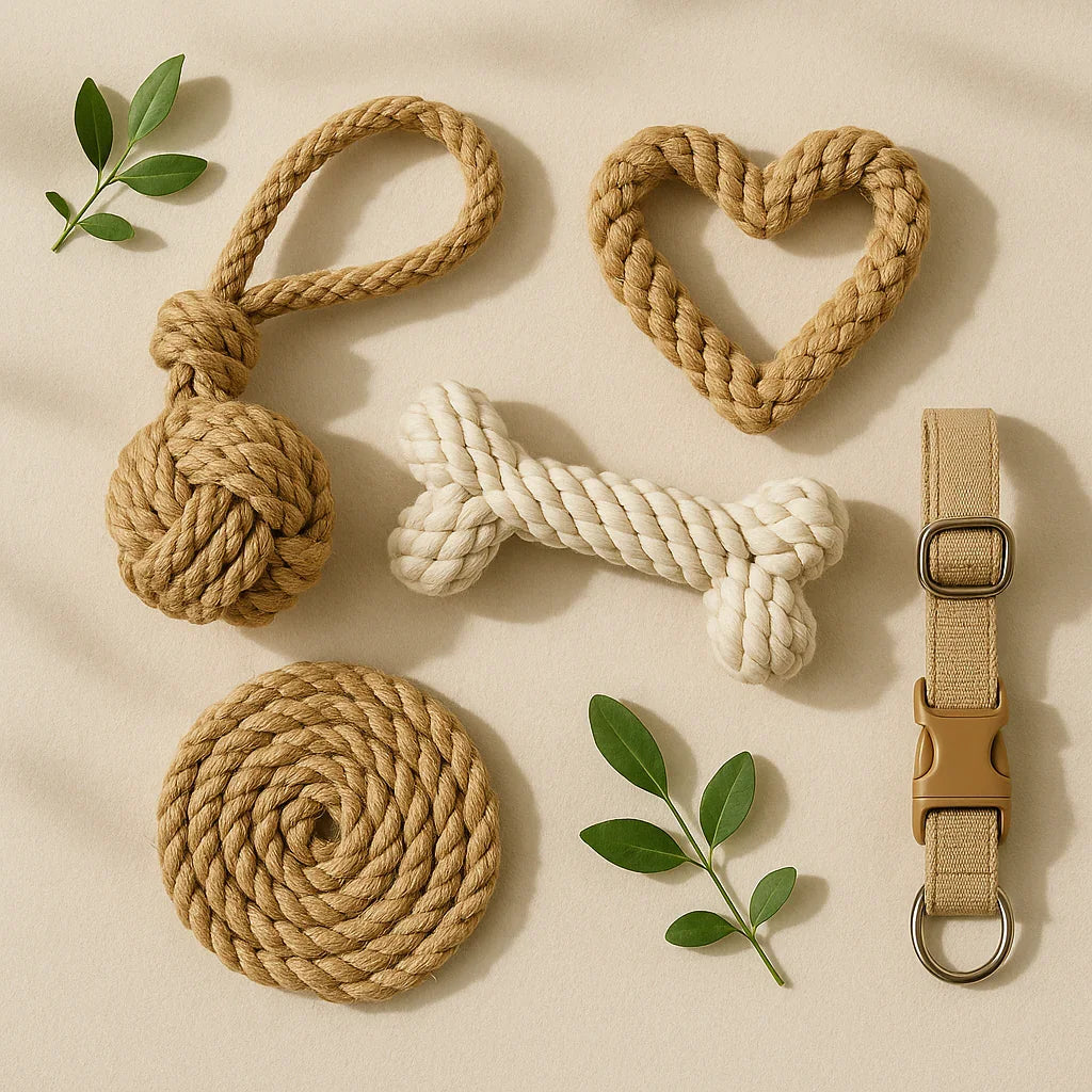 Eco-friendly natural rope dog toys including ball, heart, bone shapes and beige collar with green leaves