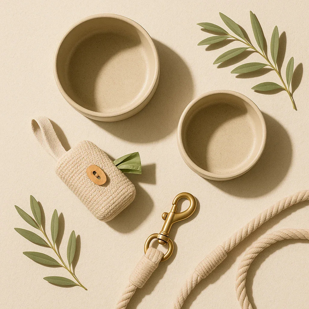 Eco-friendly dog essentials including beige feeding bowls, a woven waste bag holder, and a rope leash with brass clasp
