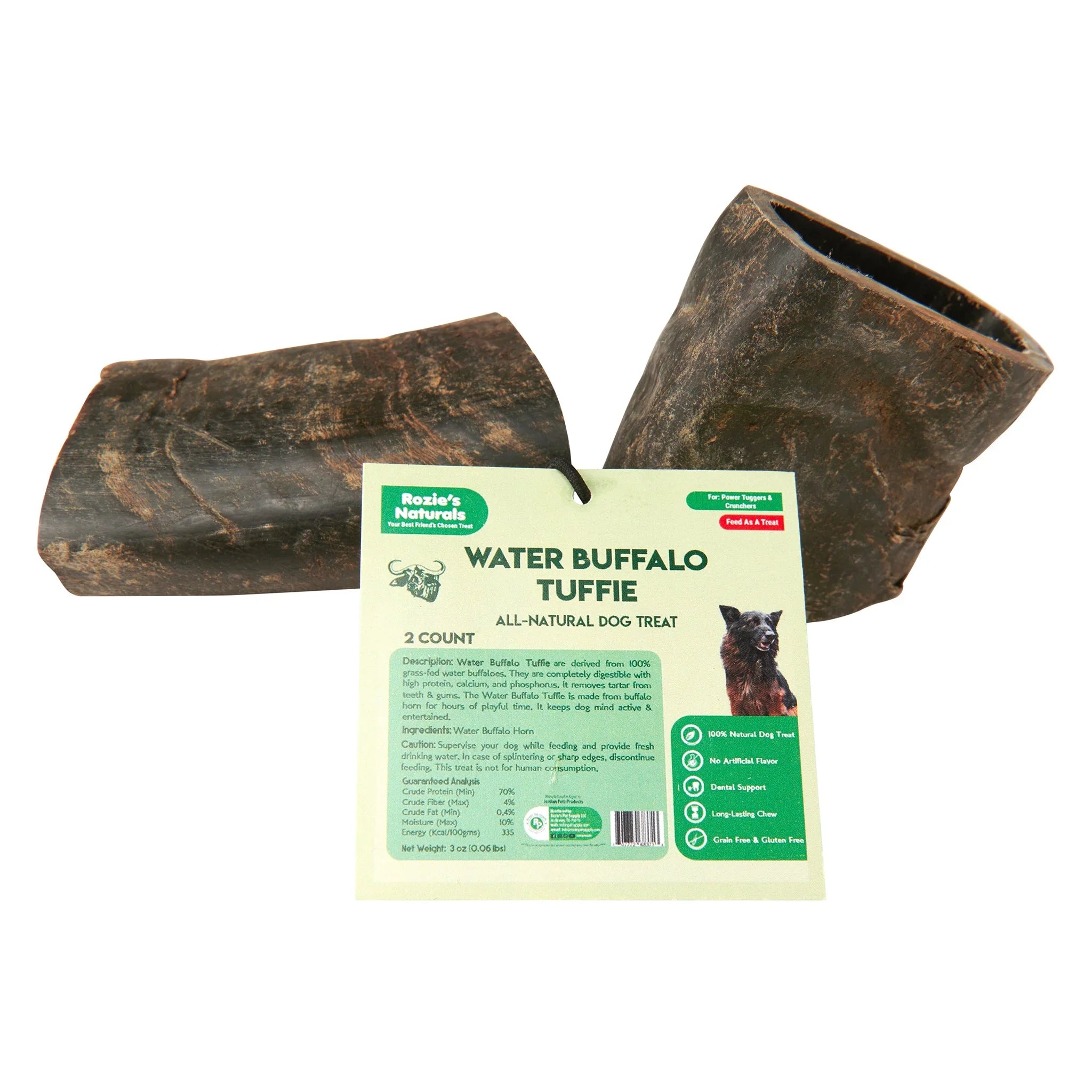 Rozie's Naturals Water Buffalo Tuffie all-natural dog chew treats with packaging and dog image