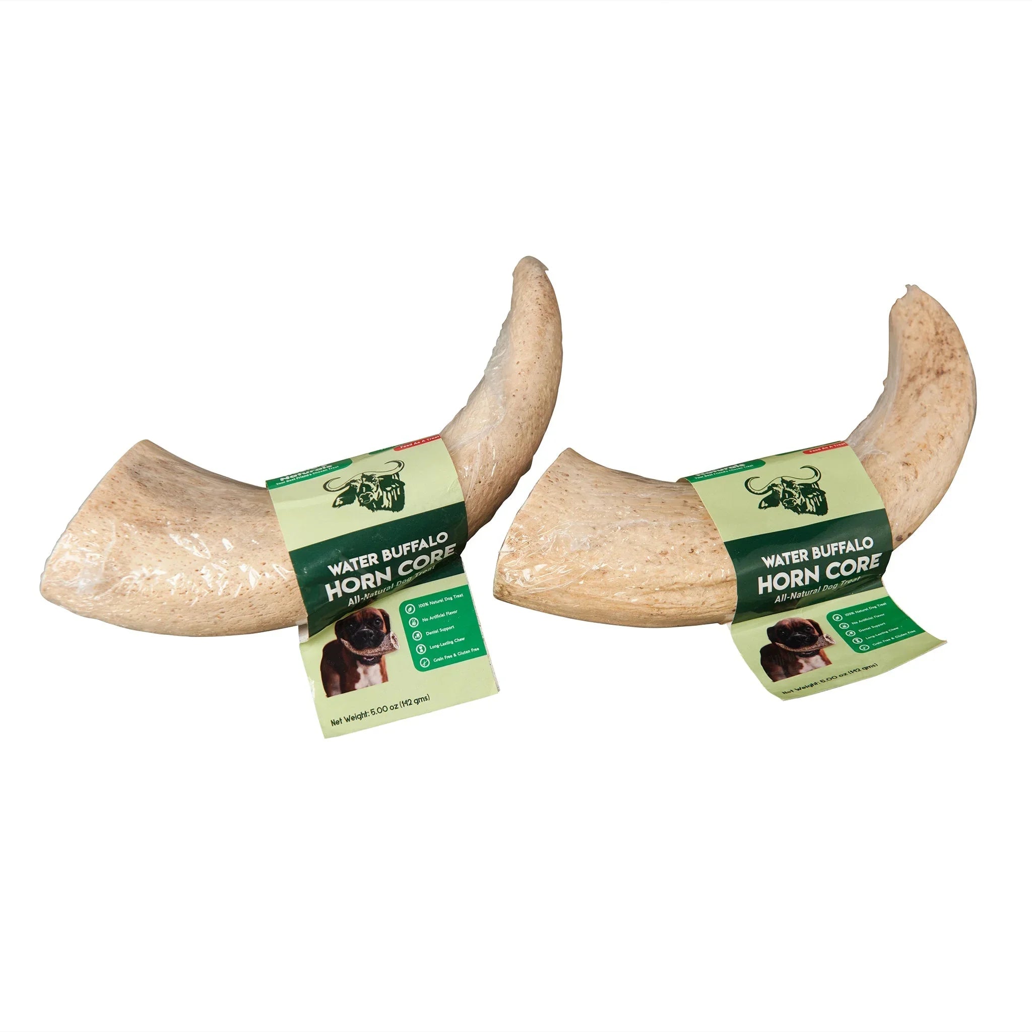 Two all-natural Water Buffalo Horn Core dog chews with labels featuring a dog's photo