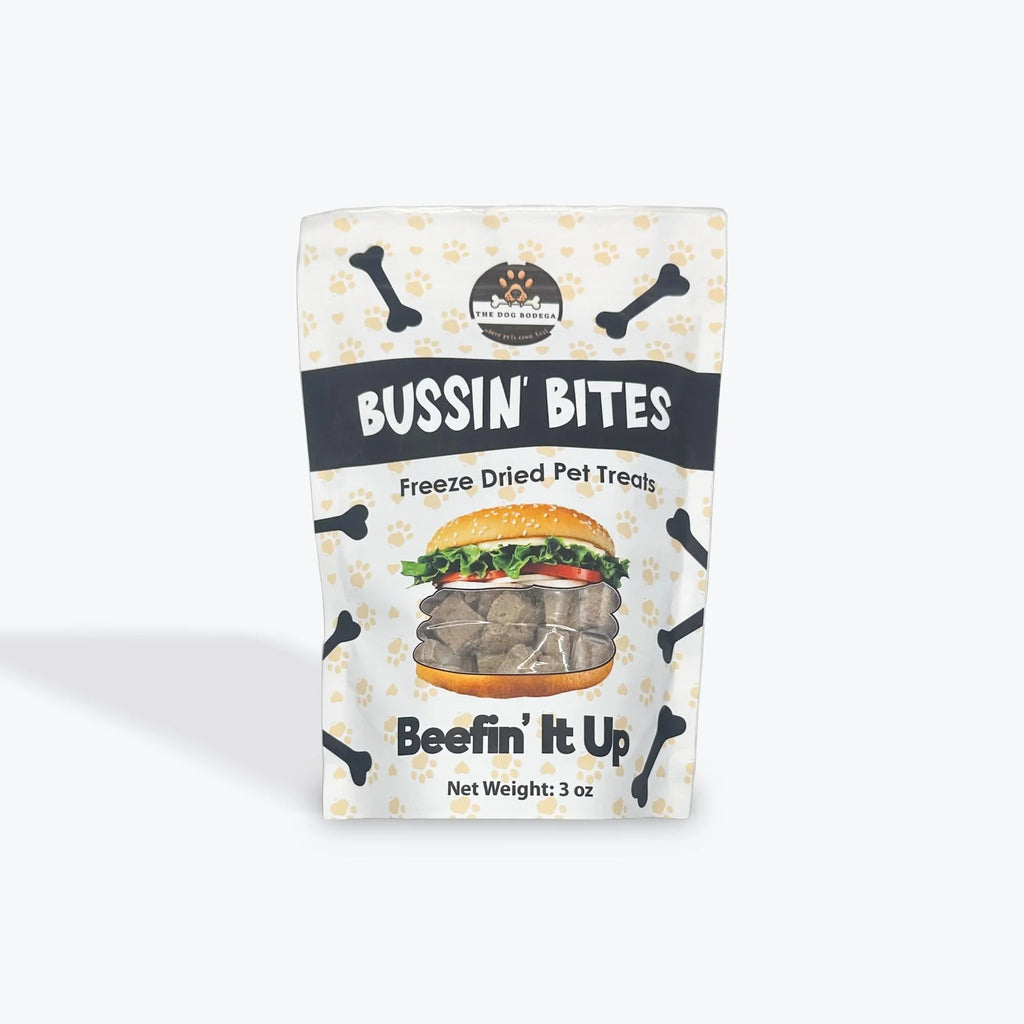 Bussin' Bites freeze dried pet treats Beefin' It Up 3oz with burger design and bone pattern