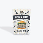Bussin' Bites freeze dried pet treats Beefin' It Up 3oz with burger design and bone pattern