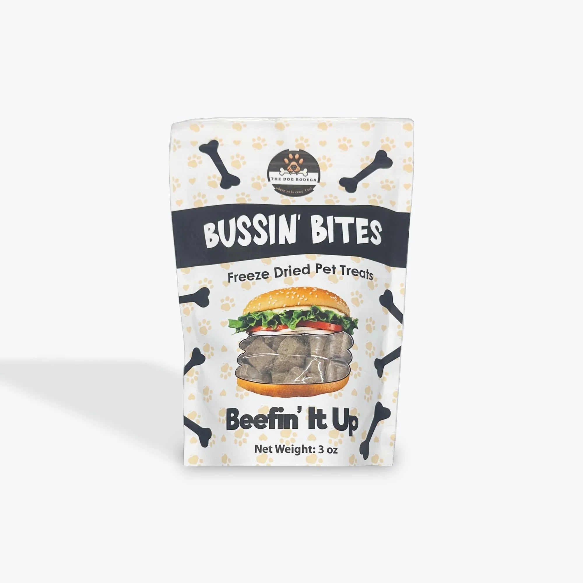 Bussin' Bites freeze dried pet treats Beefin' It Up 3oz with burger design and bone pattern