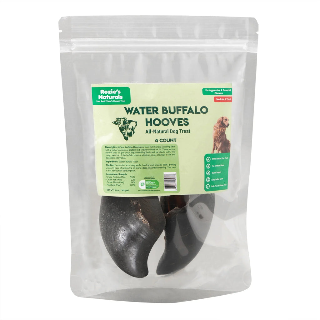 Rozie's Naturals Water Buffalo Hooves all-natural dog treat pack with 4 hooves