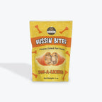 Bussin' Bites Yam-A-Licious freeze dried pet treats in yellow and orange packaging with dog bone designs
