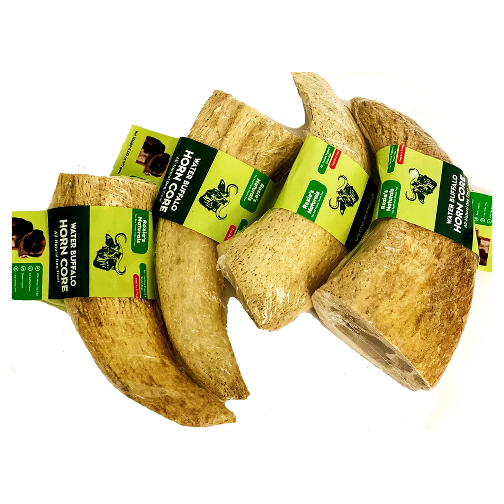 Rozie's Naturals Water Buffalo Horn Core all-natural dog chews in plastic wrap
