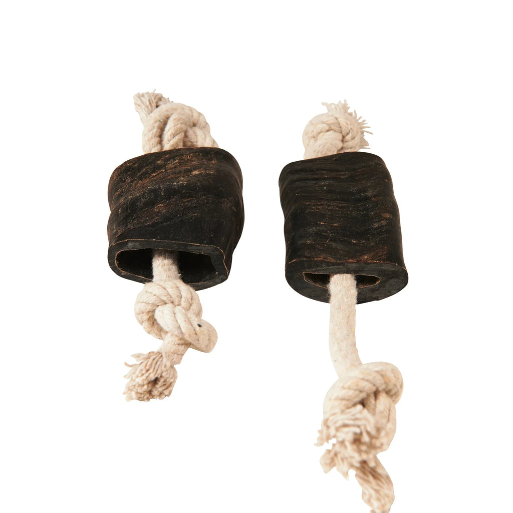 Pair of wooden dog chew toys with thick knotted cotton rope handles on white background