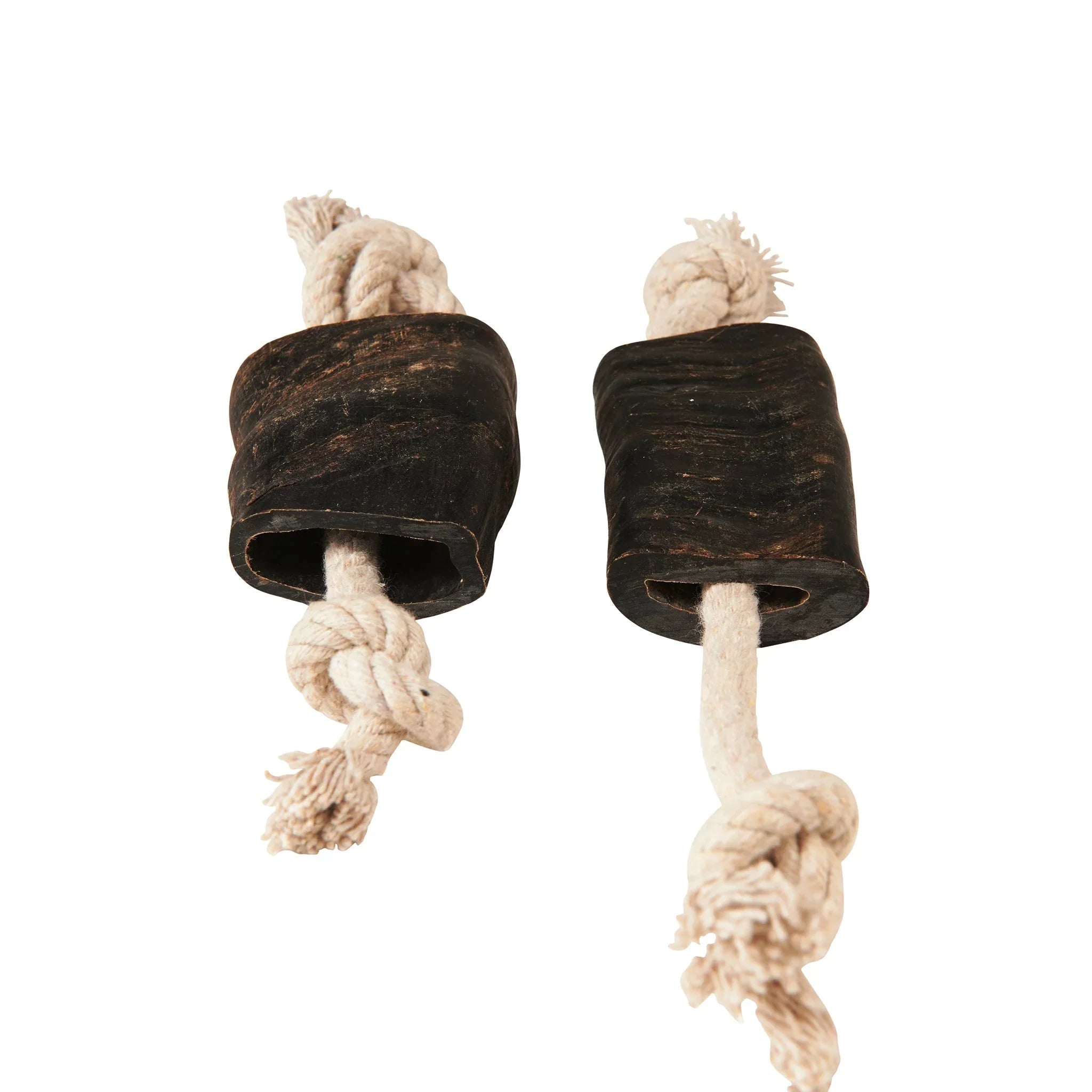 Pair of wooden dog chew toys with thick knotted cotton rope handles on white background