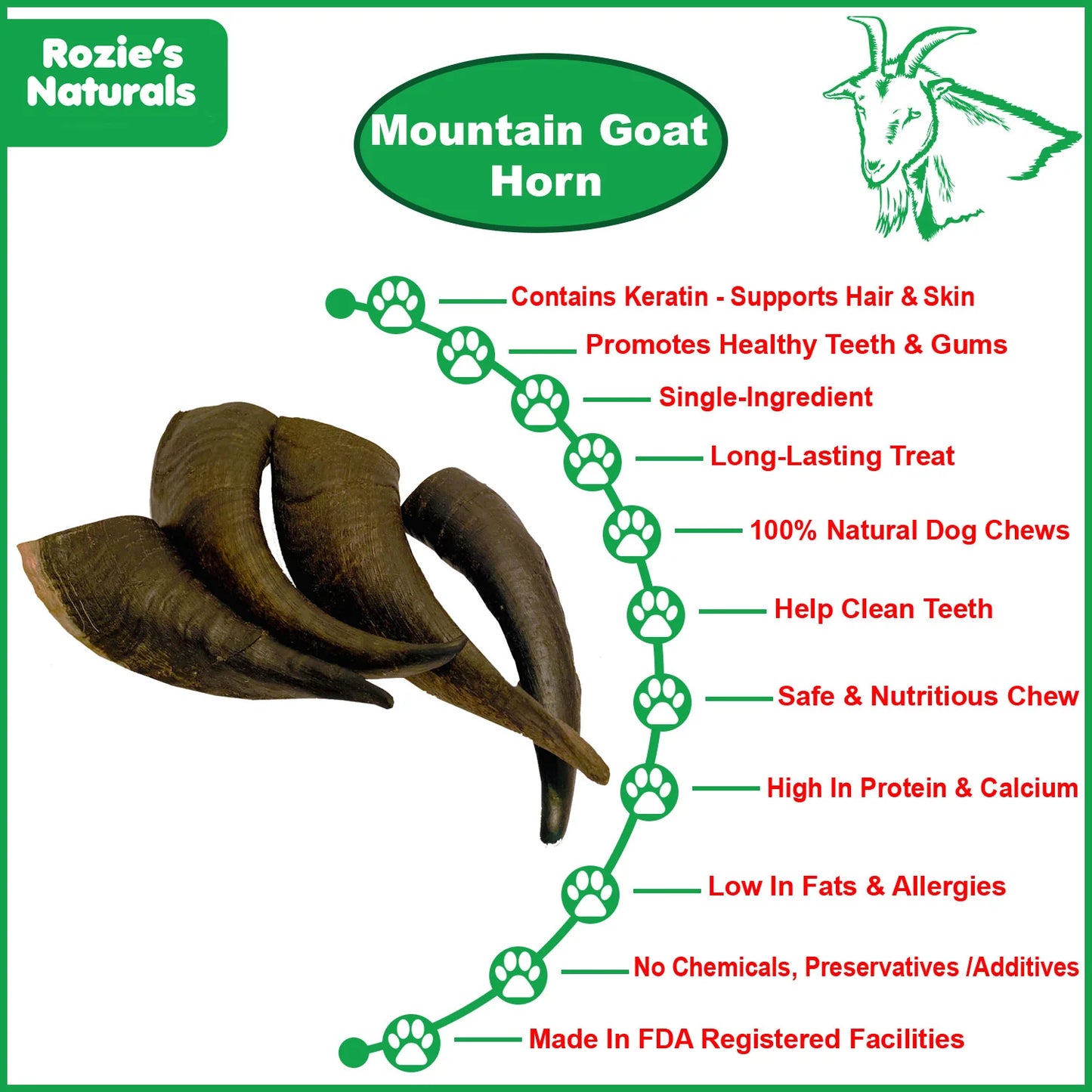 Mountain Goat Horn Dog Chews – 10 Count (10 oz) – Long-Lasting Natural Chew by Rozie’s Pet Supply