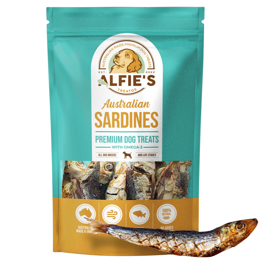 Package of Alfie's Australian Sardines premium dog treats.