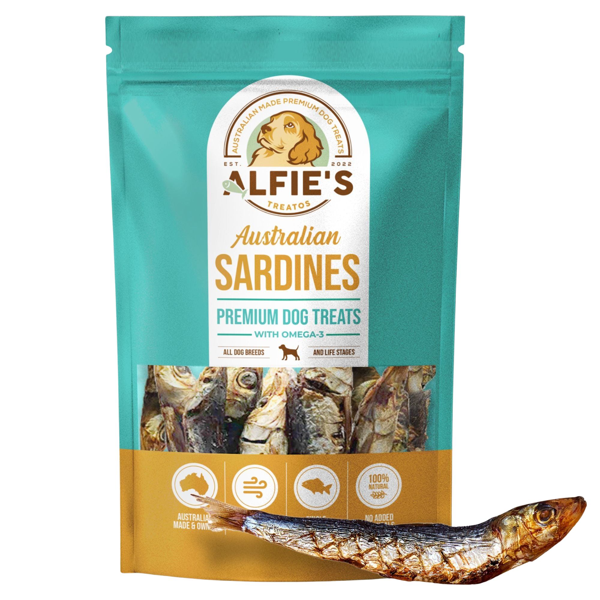 Package of Alfie's Australian Sardines premium dog treats.