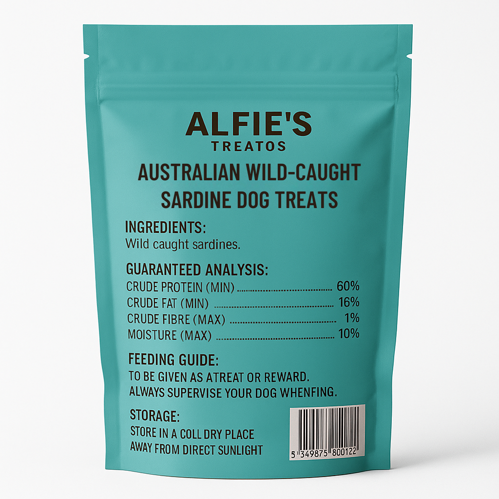 Teal package of Alfie's Treatos Australian Wild-Caught Sardine Dog Treats.