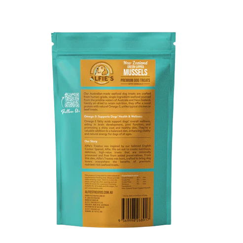 Teal and orange package of Alfie's New Zealand Mussels dog treats on a white background