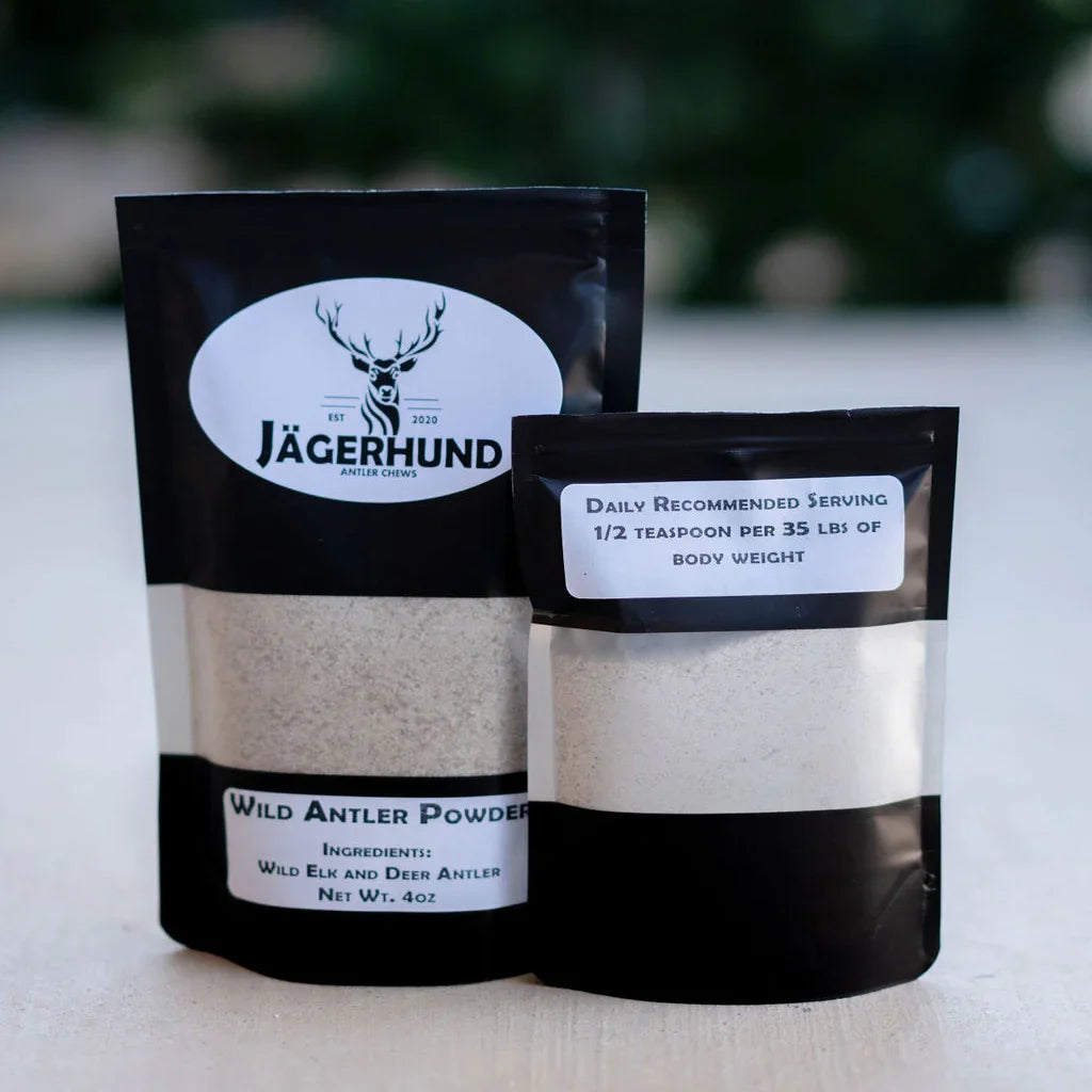 Jägerhund Wild Antler Powder packaging with elk and deer antler ingredients in black resealable bags