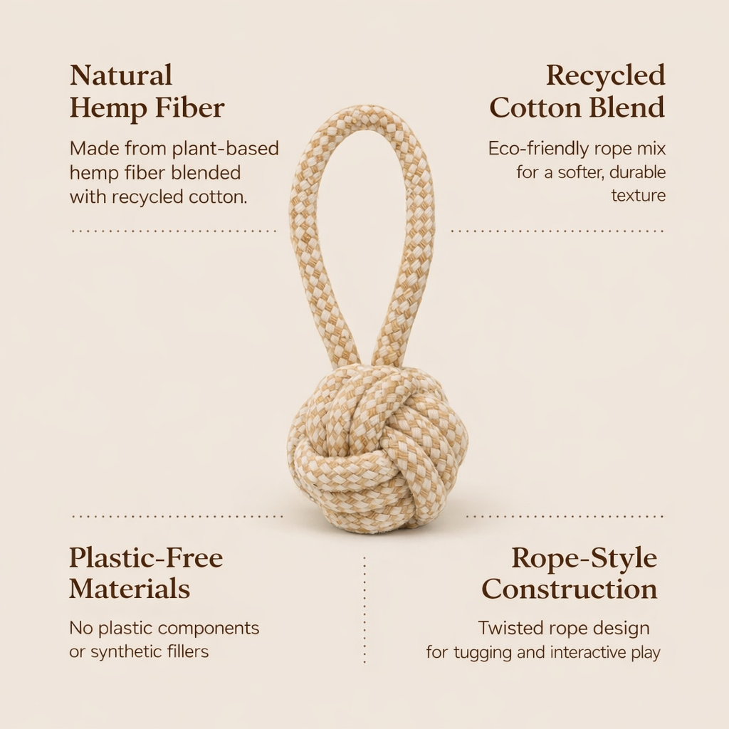 Natural hemp fiber and recycled cotton blend dog toy with text describing its materials and construction.