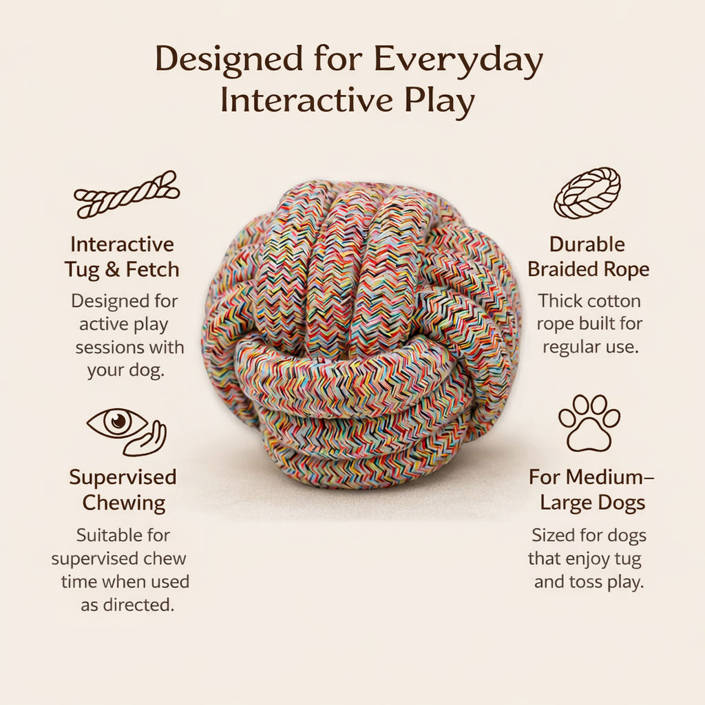 Colorful braided rope toy for dogs with text describing its features on a beige background.