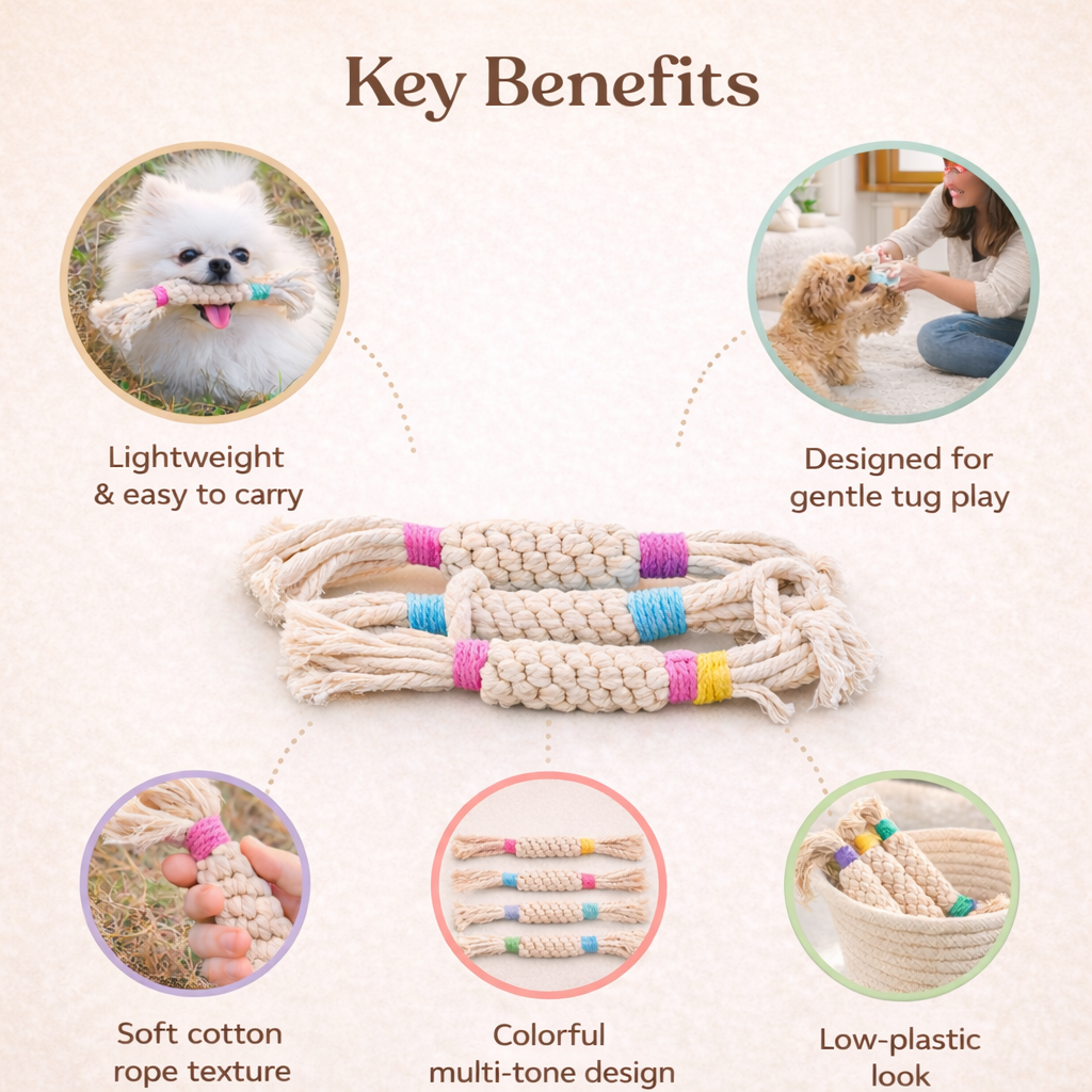 Key benefits of a dog toy with images and text on a light background