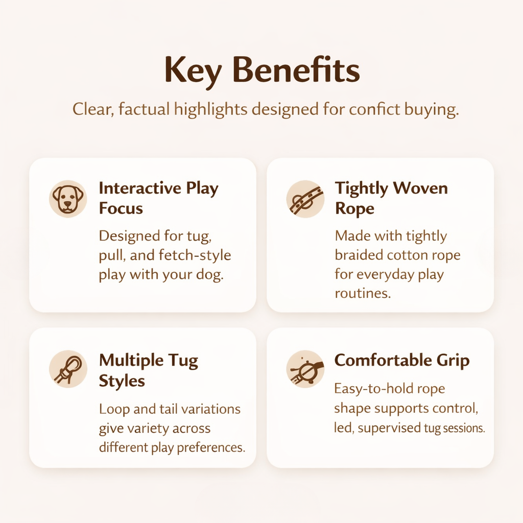 Key benefits of a product for dog play on a white background