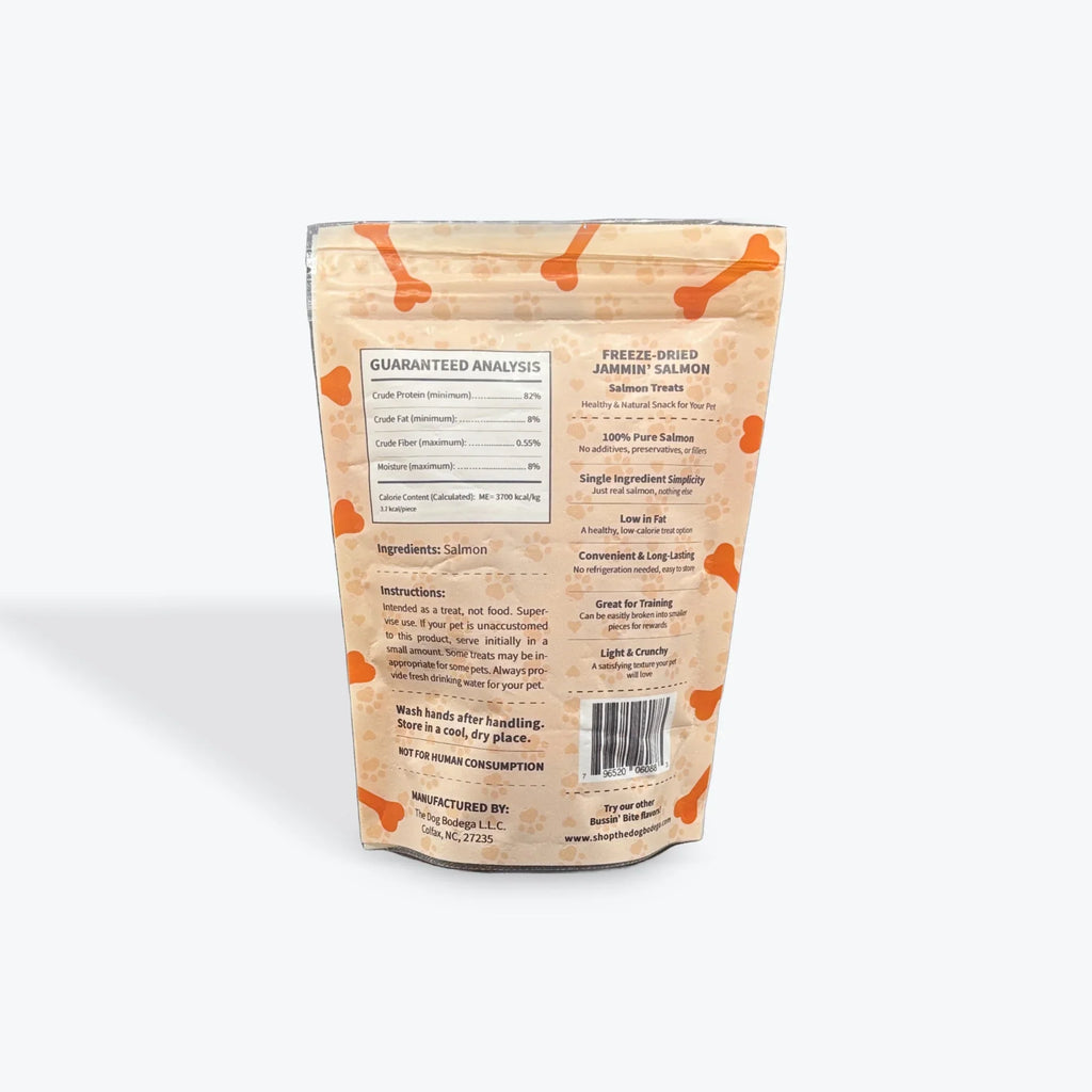 Back of freeze-dried Jammin' Salmon dog treats bag with guaranteed analysis and feeding instructions