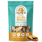 Package of Alfie's New Zealand Green-Lipped Mussels dog treats on a white background