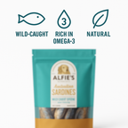 Alfie's Australian Sardines packaging with icons indicating wild-caught, omega-3 rich, and natural qualities.