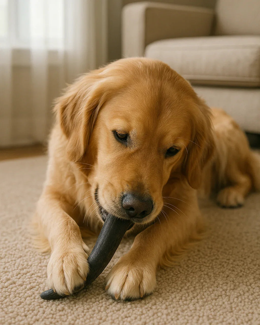 Golden retriever dog chewing on black bone-shaped chew toy on beige carpet indoors