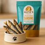 Dog treats in a bowl with a package 'Alfie's'.