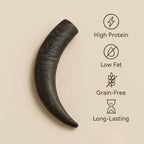 Dark curved dog chew horn with high protein, low fat, grain-free, long-lasting benefits