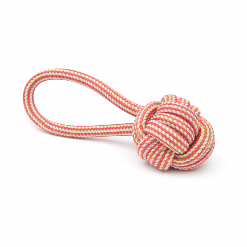 Red and white striped rope toy with a knot on a white background