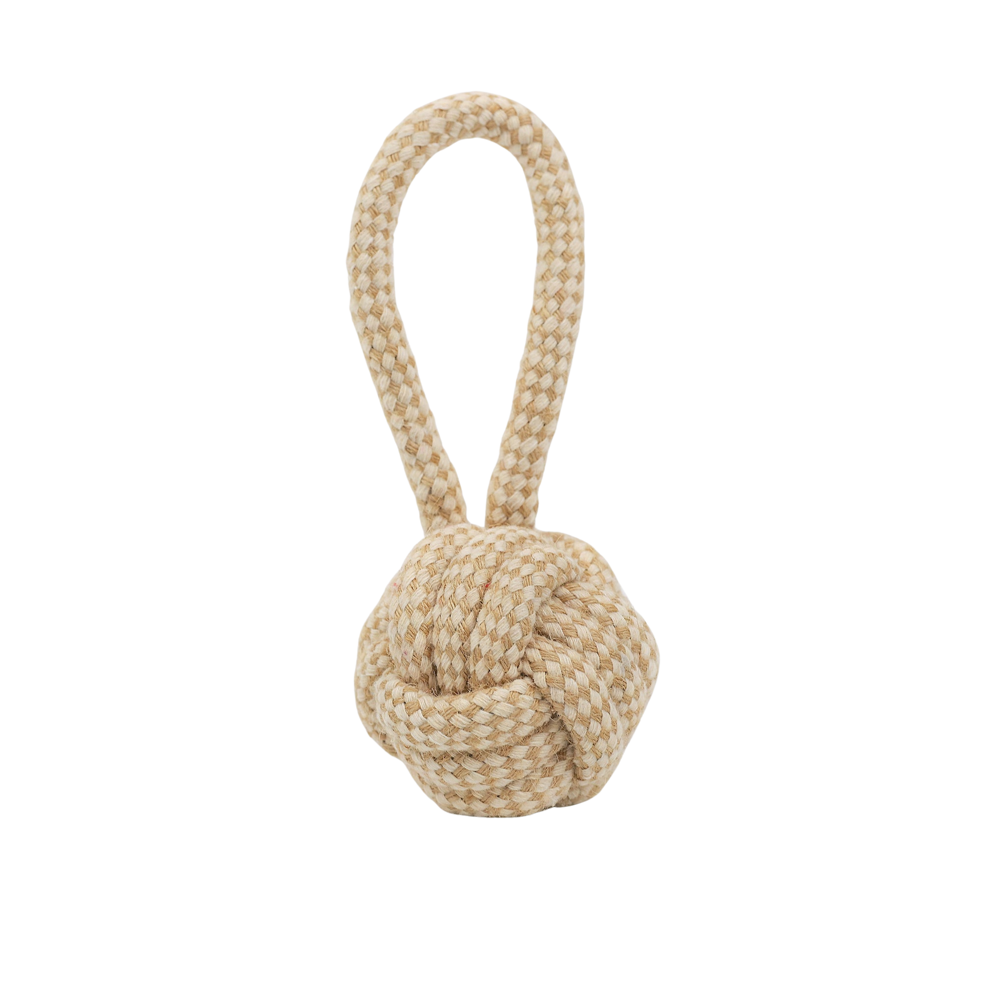 Beige rope knot toy on a white background