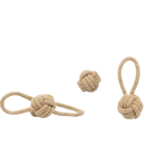 Two beige rope toys with knots on a white background