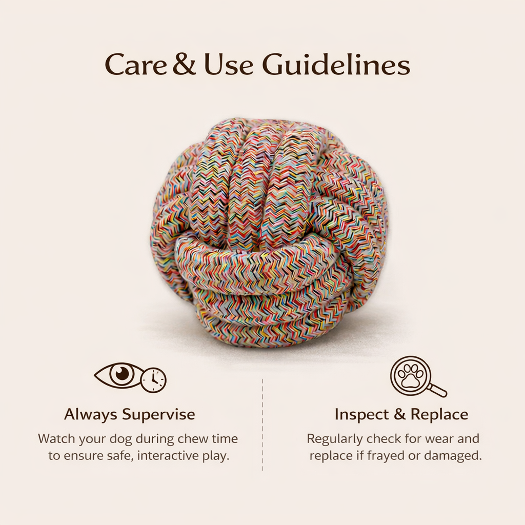 Colorful braided rope toy with care and use guidelines on a white background