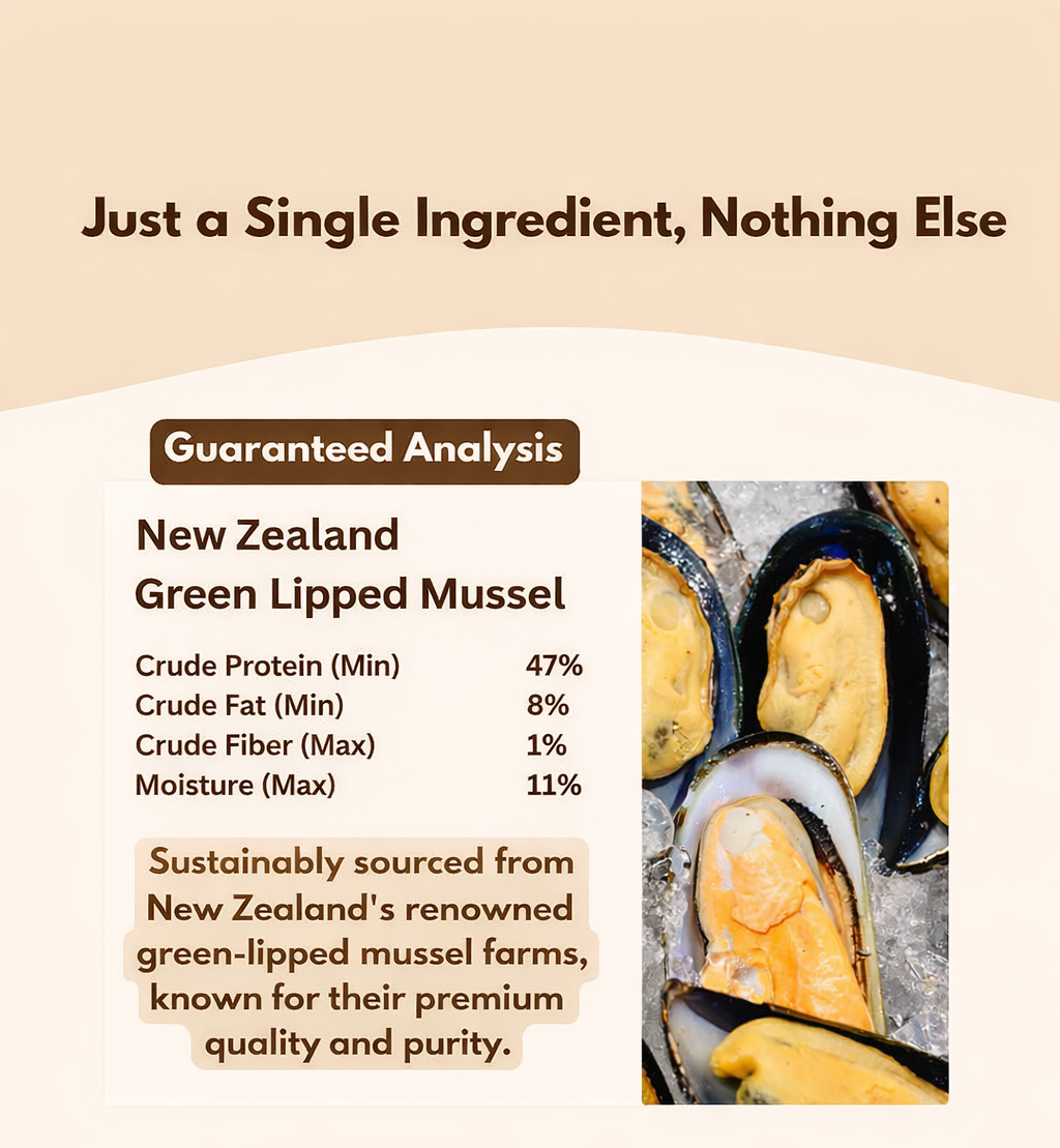 New Zealand Green Lipped Mussel product with guaranteed analysis details on a beige background