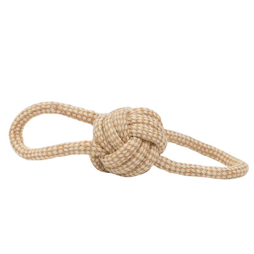 Beige rope with a knot on a white background