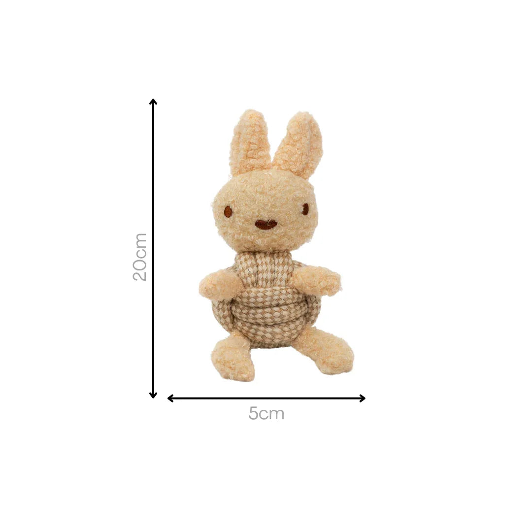 Soft beige rabbit dog toy with rope body, measuring 20cm tall and 5cm wide on white background