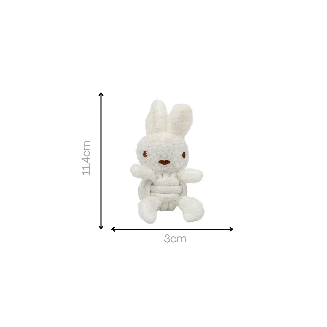 Small white rabbit plush rope dog toy with soft texture and measurements 11.4cm by 3cm