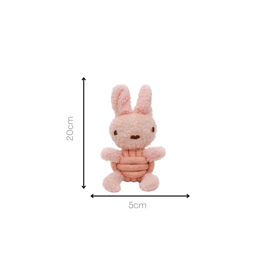 Pink rabbit-shaped plush dog rope toy measuring 20cm tall and 5cm wide on white background