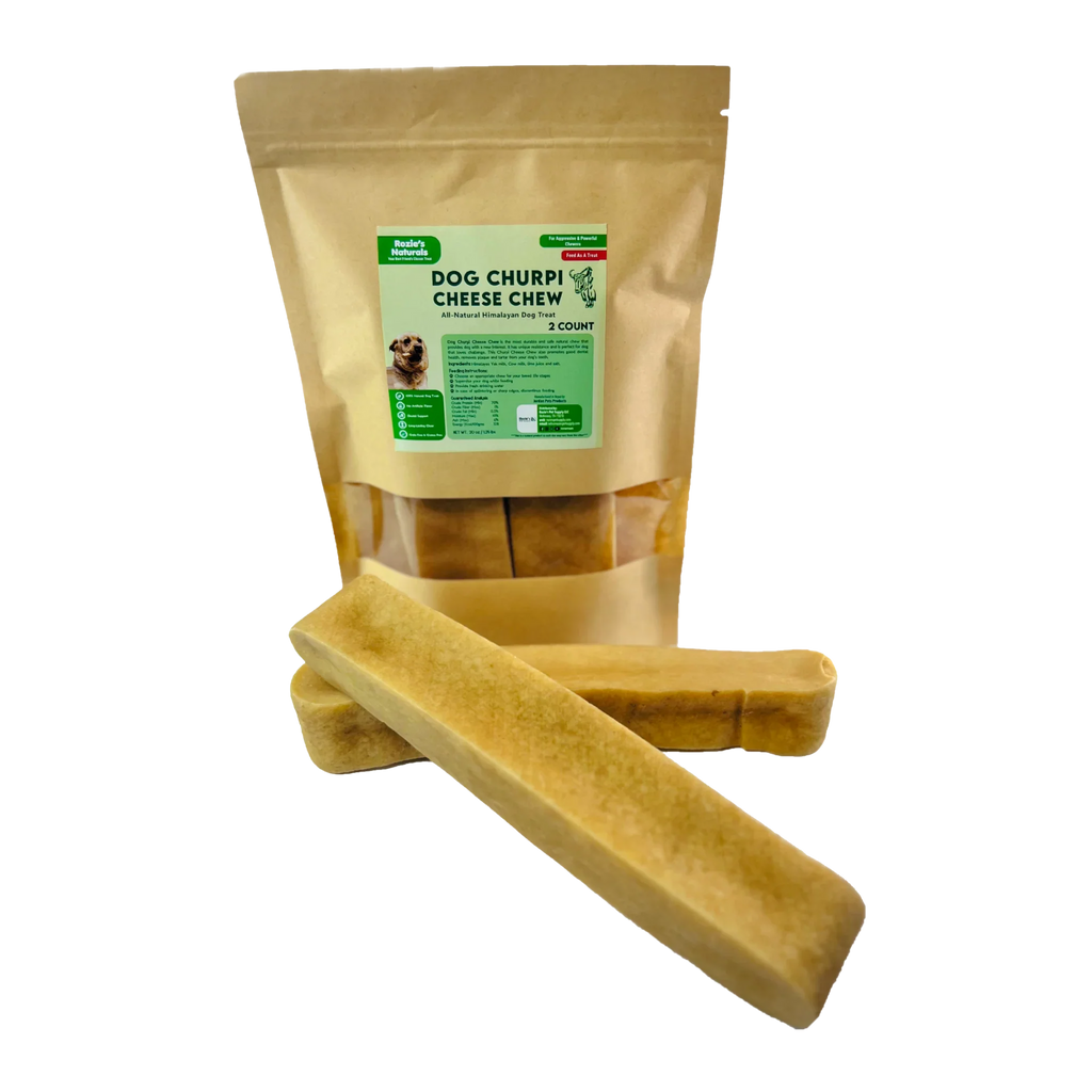 Packaging of Rozie's Naturals Dog Churpi Cheese Chew with two cheese chew treats in front