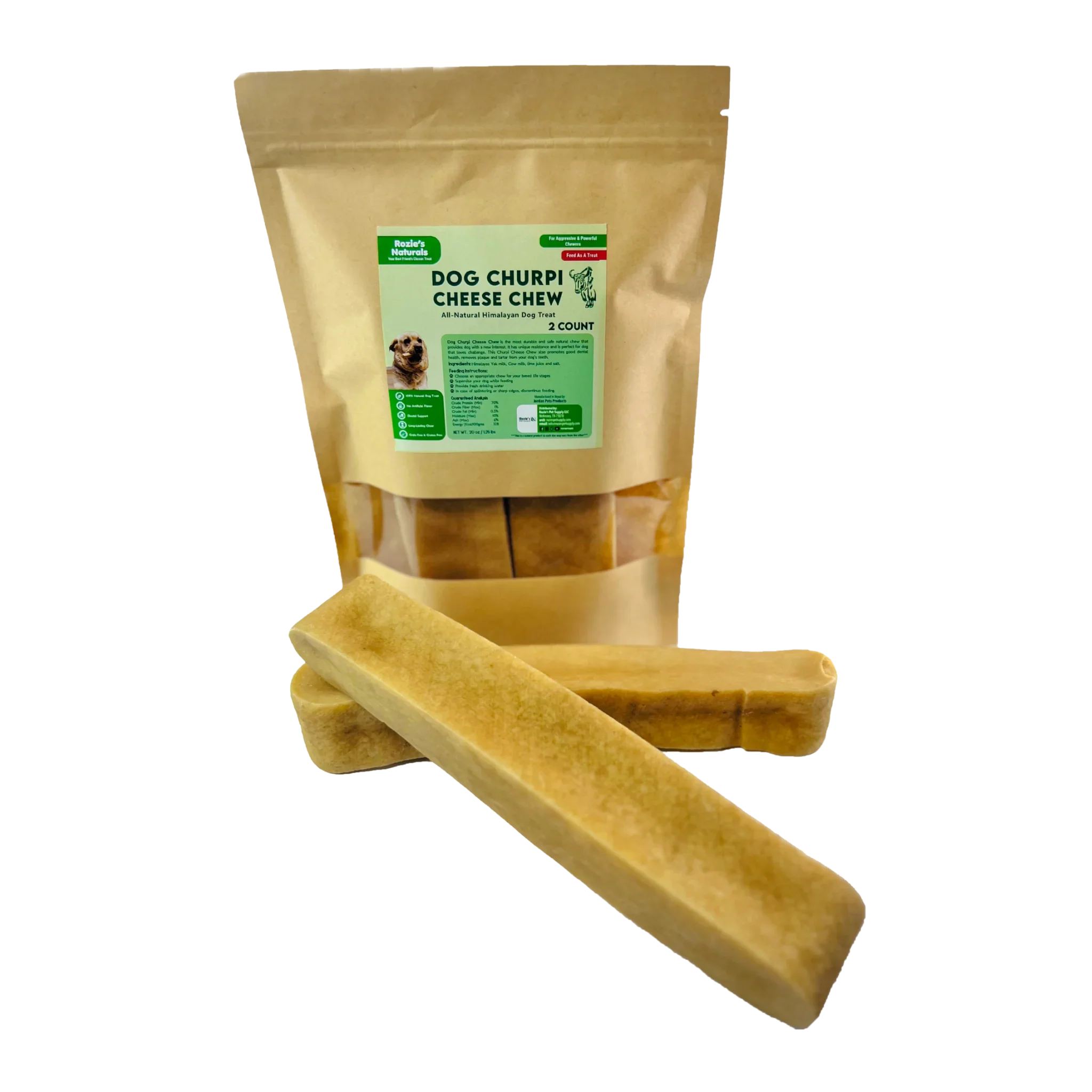 Packaging of Rozie's Naturals Dog Churpi Cheese Chew with two cheese chew treats in front