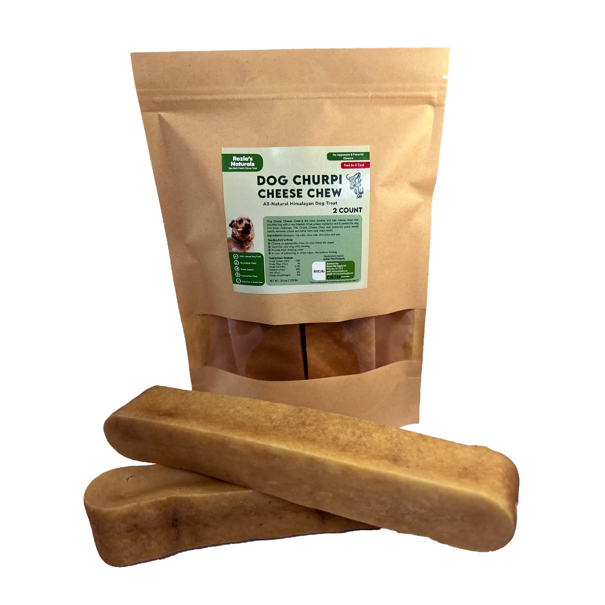 Rozie's Naturals Dog Churpi Cheese Chew all-natural Himalayan dog treat with 2 chews in brown pouch