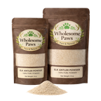Two packages of Wholesome Paws Elk Antler Powder on a white background