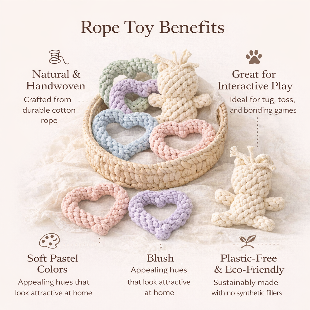 Rope toys with benefits listed on a white background