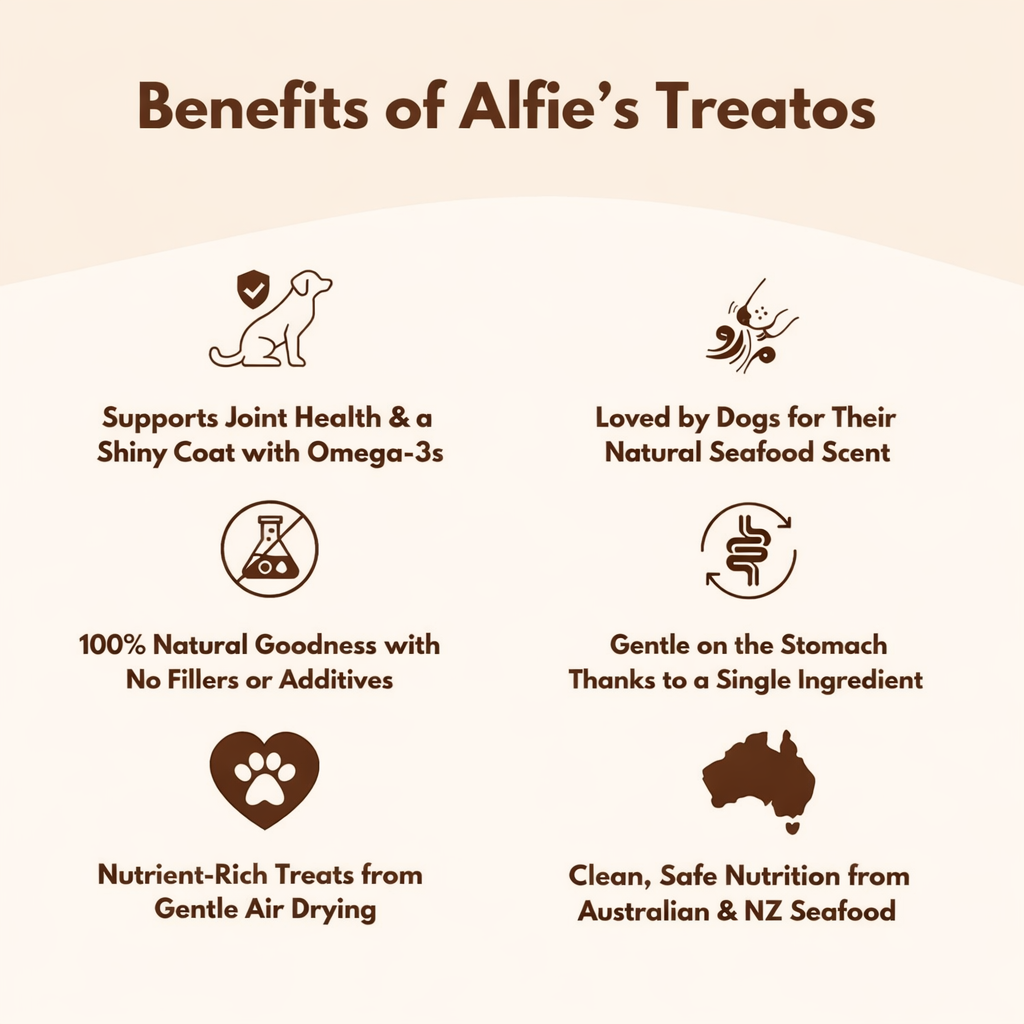 List of benefits of wild caught salmon dog treats by Alfie's Treatos.