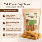 Yak Cheese Dog Chews packaging with key benefits listed on a beige background