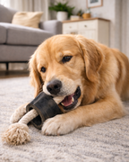 Dog playing with a chew toy on a rug in a living room.