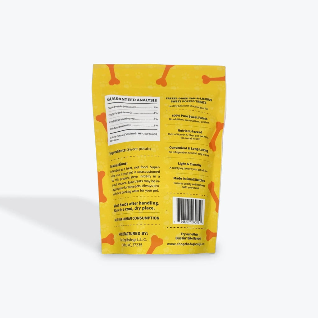 Back of yellow pet treat bag with bone pattern, sweet potato dog treats, guaranteed analysis and instructions