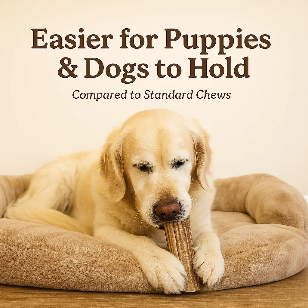 Golden retriever puppy holding a brown chew toy lying on a beige dog bed indoors